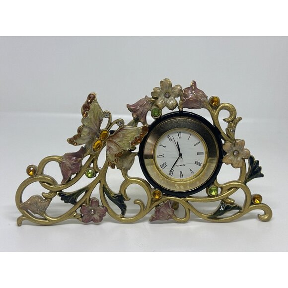 VTG Enamel Butterfly Desk Clock | Rhinestone Quartz Floral Design (Not Working) - Picture 2 of 4